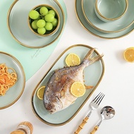 JH SHOP ชุดจานชามเซรามิค ชุดจานชาม จาน ชาม ถ้วย ช้อน สไตล์ยุโรป หรูหราเซรามิคสีเขียว(APPLE)ขอบทอง