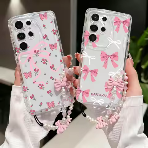 Korean Pink Bow Chain Strap Case For Realme 15 Pro 5G 15 14 13 12 Pro 11 Plus C71 C75 C53 C55 GT6 Si