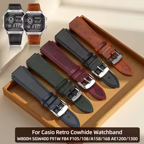 New Retro Cowhide Watchband For Casio W800H SGW400 F91W F84 F105/108/A158/168 AE1200/1300 Vintage Wa