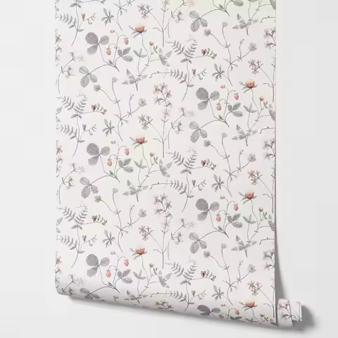 Scandinavian Style Wallpaper Morgongåva, FLoral Wallpaper with Botanic Branches and Grey Leaves with