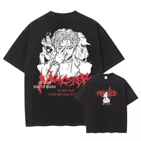 Anime Monster T Shirt Liebert Johan Vintage Washed Tops Tees Manga Graphic Short Sleeve T-shirt Hara