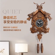 AT/💛Sea Star European-Style Retro Deer Headdress Clock Home Living Room Wall Clock Cuckoo Hourly Chiming Wall Clock Deco