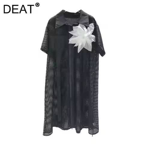 DEAT Women's Shirt Hollow Out Small Square Mesh Short Sleeve Straight Casual Thin Long Blouse Summer