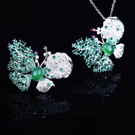 CIZEVA Brand New 925 Silver Butterfly Ring Necklace Green Zircon Jade Vintage Party Jewelry Women Wedding Engagement Gift
