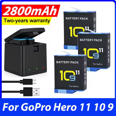 2800mAh camera battery for GoPro Hero 11 10 9 LED Light Battery Charger Battery Storage For GoPro 11