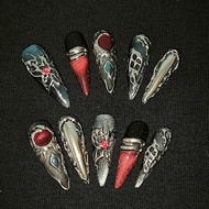 Press on Nails Long Stiletto SWEKKE 3D Floral Fake Nails Y2k False Nails with Silver Curve Line Butt