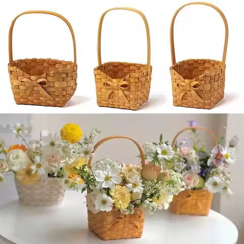 Willow Rattan Bride Flower Basket Picnic Container Hand-Woven Flower Arrangement Basket with Handle
