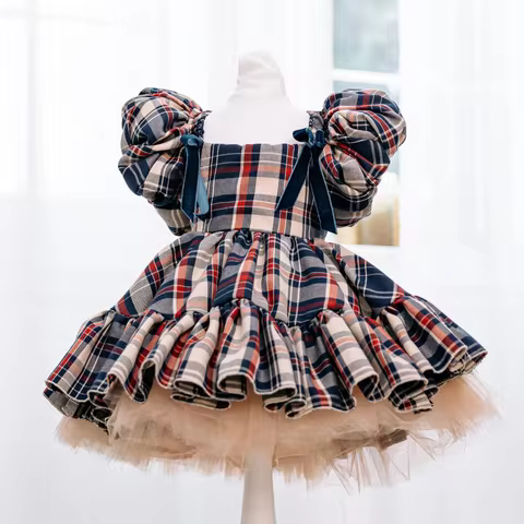 0-12Y Baby Girl Brown Plaid Vintage Spanish Princess Dress for Eid Casual Party B234