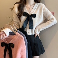 New Autumn Winter Bow Knitted Cardigan Coat Women V-neck Long Sleeve Sueter Pull 2024 Ropa Mujer Fas