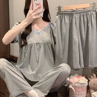 Women's pajamas, three-piece set, sweet and stylish, simple short-sleeved long pants, can be worn ou