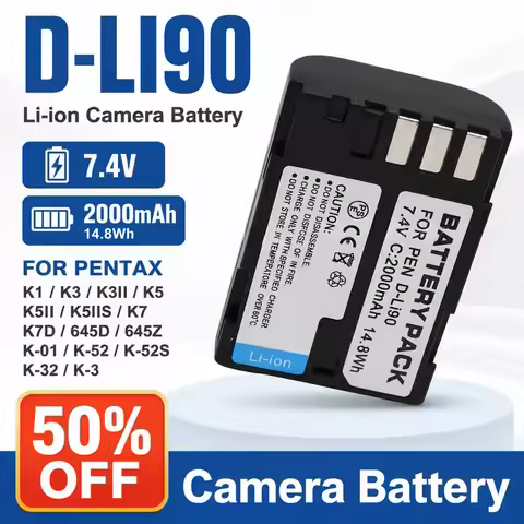 D-LI90 Li-ion Camera Battery 7.4V 2000mAh for Pentax K1 K3 K3II K5 K5II K5IIS K7 K7D K01 645D 645Z K