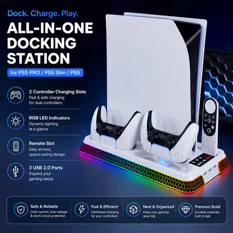 The All-in-One Cooling Stand Base PS5/PS5 Slim/ Model with RGB Lighting Effects, Storage Function an