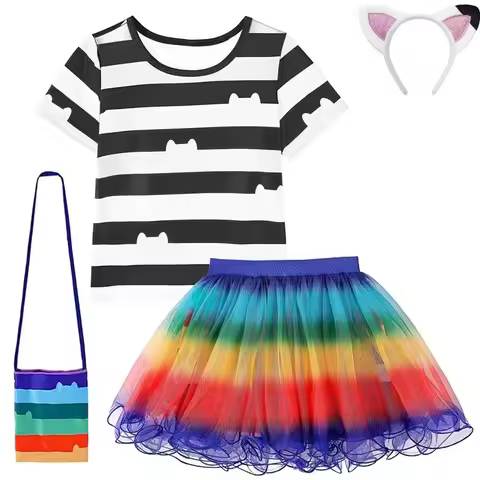 Gabby Dollhouse Cartoon Black And White Stripe T-Shirt+Skirt+Bag Sets Carnival Gabby Cats Costume Pa