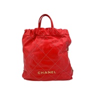 Chanel 22 仿舊金logo縫線亮面小牛皮雙肩後背包(AS3313-紅)