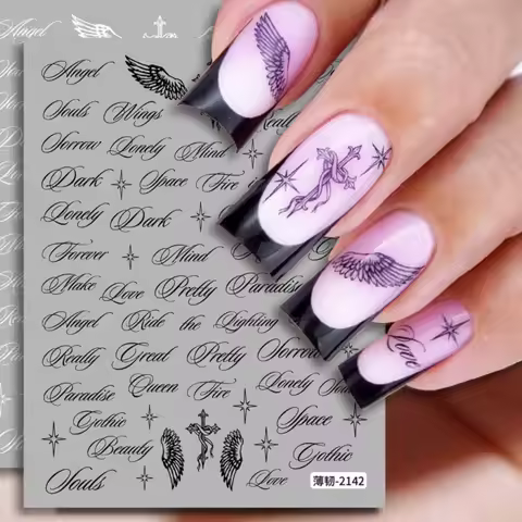 2026Black and White Letter Words Nail Stickers - Angel Wings letter Mixed Designs Holographic Y2K Na