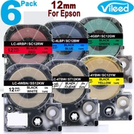เทปฉลากหลายสี 12 มม. 6 แพ็คสำหรับตลับหมึกพิมพ์สีที่รองรับ Epson KingJim ขาวใสแดงน้ำเงินเขียวเหลืองผส