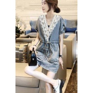 Denim Dress Women V-Neck Straight Dress Summer Ladies Dress Denim Lace Dress