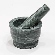 Stones And Homes Indian Green Mortar and Pestle Set Big Bowl Marble Stone Molcajete Herbs Spices for Home and Kitchen 4 Inch Polished Robust Round Herbs Spices Stone Grinder - (10 x 6 cm)