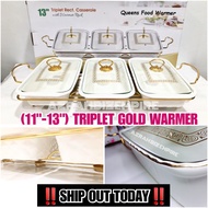 (11.5"-13") TRIPLET QUEENS GOLD FOOD WARMER / BUFFET GOLD/ BUFFET FOOD TRAY / BUFFET SET