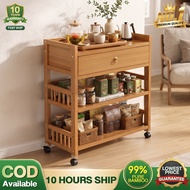 Bamboo Tea Rack with Drawer Movable Kitchen Storage Cart Trolley Shelf Coffee Station Organiz