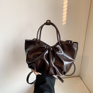 Women Pleated Oil Wax Leather Handbags Tote Bag Versatile Casual All-Match Fashion Shoulder Bags Sat