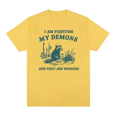 2006Fighting My Demons Raccoon T Shirts Funny Women Fashion Harajuku Retro T-shirt Tops Casual Overs