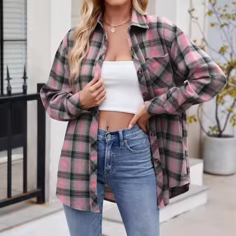 Women V Neck Tee Coat Shirts Lightweight Flannel Plaid Button Down Shirt Oversized Long Sleeve Shirt