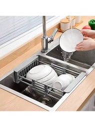 1入不銹鋼廚房瀝水器，可伸縮水槽籃，碗碟架，適用於長方形洗碗槽
