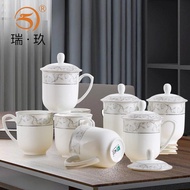 10pcs Tea Cup Water Cup with Lid Office Cup Ceramic Lid Cup Conference Cup Office Hospitality Bone C