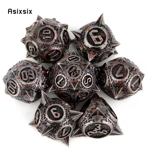 7 Pcs Silver Red Meteor Hammer Metal Dice Perfect For Card Games Board Games For Critical Role, Rpgs
