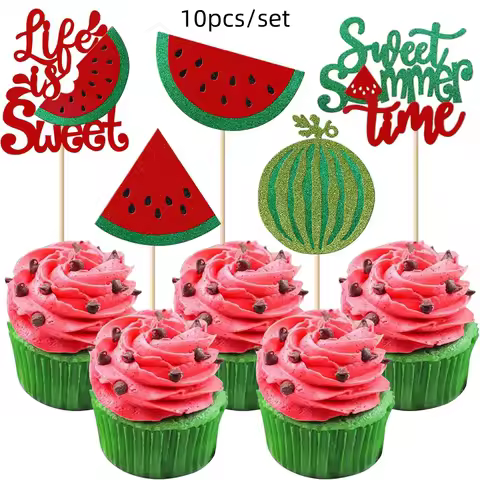 Watermelon Cake Topper Sweet Summer Time Happy Birthday Fruit Theme Cupcake Topper Hawaii Party Dess