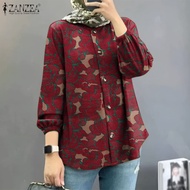 HijabFab ZANZEA Muslimah Women Muslim Round-Neck Printed Blouse Abaya Top Retro Lantern Sleeve Cotton Shirt Baju OOTD #24