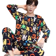 2Pcs/Set Men Pajamas Set O-Neck Long Sleeve Striped Print Tops Elastic Waist Long Pants Set Home Lou