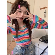 Women Y2K Rainbow Shirt Fashion Slim Off Shoulder Top