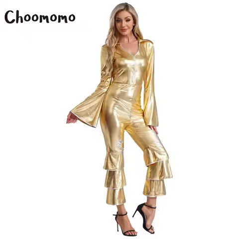 Womens 70s Disco Fever Costume 80s Prom Funky Dancing Sparkle Flare Jumpsuit Halloween Cosplay Party