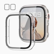 {包郵, 360°貼套2合1}iWatch 7 Case with Tempered Glass Screen Protector for Apple Watch Series 7 45mm Slim Guard Bumper Full Coverage Hard PC Protective Cover HD Ultra-Thin Cover for iWatch 45mm Accessories,Clear+Clear蘋果手錶7代360度全保護貼保護套 Free Shipping