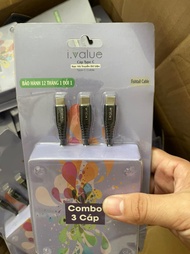 Combo 3 Cáp Sạc Nhanh Điện Thoại ivalue 0.2m/1m/2m Đầu Lightning Micro USB Type C chính hãng FPT Phâ