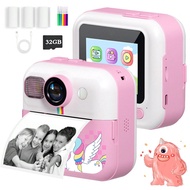 2025 Kids' Instant Print Camera, With 3 Paper Rolls & 32GB SD Card, 5 Colored Pens, 1080P HD Digital