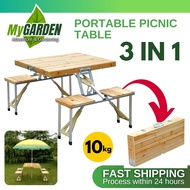 [ READY STOCK ] Wooden Picnic Table Foldable Meja Lipat Kayu With 4 Chairs Folding Adjustable Outdoo