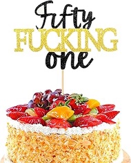 1PCS 51st Birthday Cake Topper Happy Fifty One Black Gold Glitter Cake Toppers Cheers to 21 Years Bi