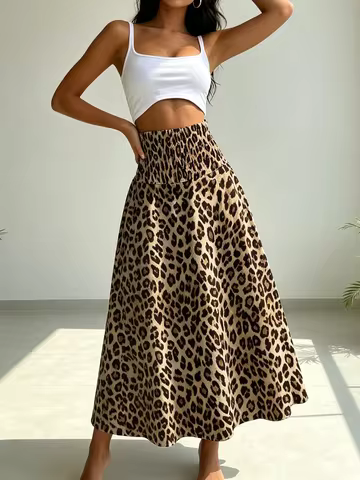 Women's Leopard Print Maxi Skirt High Waist Shirred Stretchy Casual Beach & Daily Wear Resort Style 