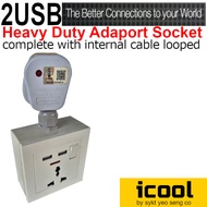 UNIVERSAL SWITCH SOCKET + 2 USB PORT 13A ADAPORT Converter 13A With NEON Indicator T Adaptor Extensi