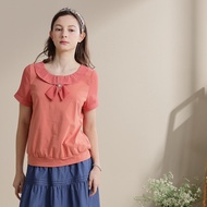 [CUMAR] Different Material Stitching Bow Tie Top White Orange
