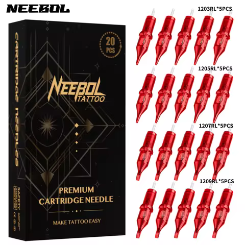 20pcs Neebol Tattoo Ink Cartridge Needles, Disposable Mixed Size Hot Red Tattoo Needle Standard Roun