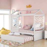 House Bed With Trundle, Window And Roof, Twin Size Wood Bunk Bed Daybed Can Be Decorated For Girls, 