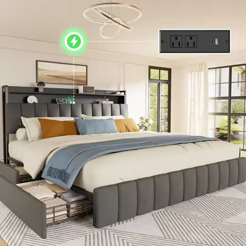 Bed Frame King Size with Upholstered Headboard amp Charging Station, King Bed Frame with 4 Storage D
