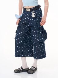 ziziFei''奶咖波點''美式復古闊腿深藍色波點七分工裝休閒褲女