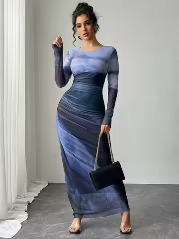 Women's Dresses Autumn French Simple Contrast Color Long Sleeve Round-Neck Maxi Wrap Fashion Dresses