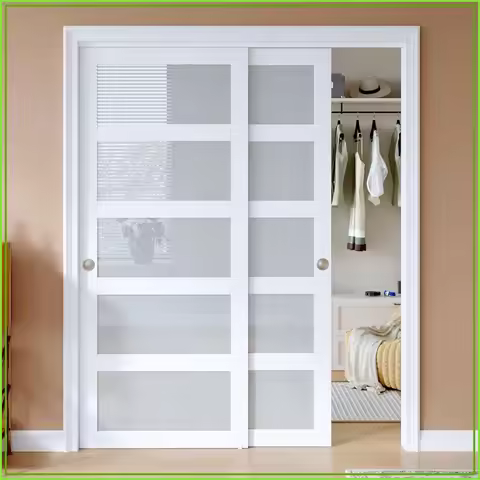 EaseLife 64x80 Double 33x80 Sliding Closet Door, 5-Lite Frosted Glass Bypass, MDF Wood, White