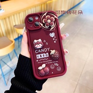 Suitable for IPhone 11 12 Pro Max X XR XS Max SE 7 Plus 8 Plus IPhone 13 Pro Max IPhone 14 15 Pro Max Deep Red Colour Phone Case Lovely Girl Strawberry Accessories Rotatable Flower